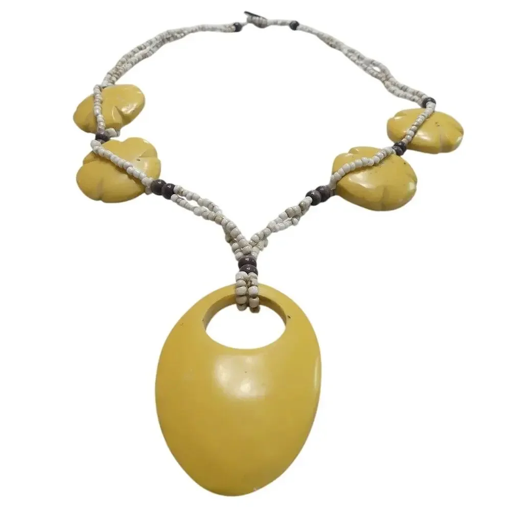 Vintage Chunky Yellow Bakelite & Seed Bead Geometric Boho Necklace